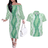 Hawaii Aloha Plumeria Lei Mint Palaka Couples Matching Off The Shoulder Long Sleeve Dress and Hawaiian Shirt LT7 Mint - Polynesian Pride