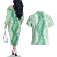 Hawaii Aloha Plumeria Lei Mint Palaka Couples Matching Off The Shoulder Long Sleeve Dress and Hawaiian Shirt LT7 - Polynesian Pride