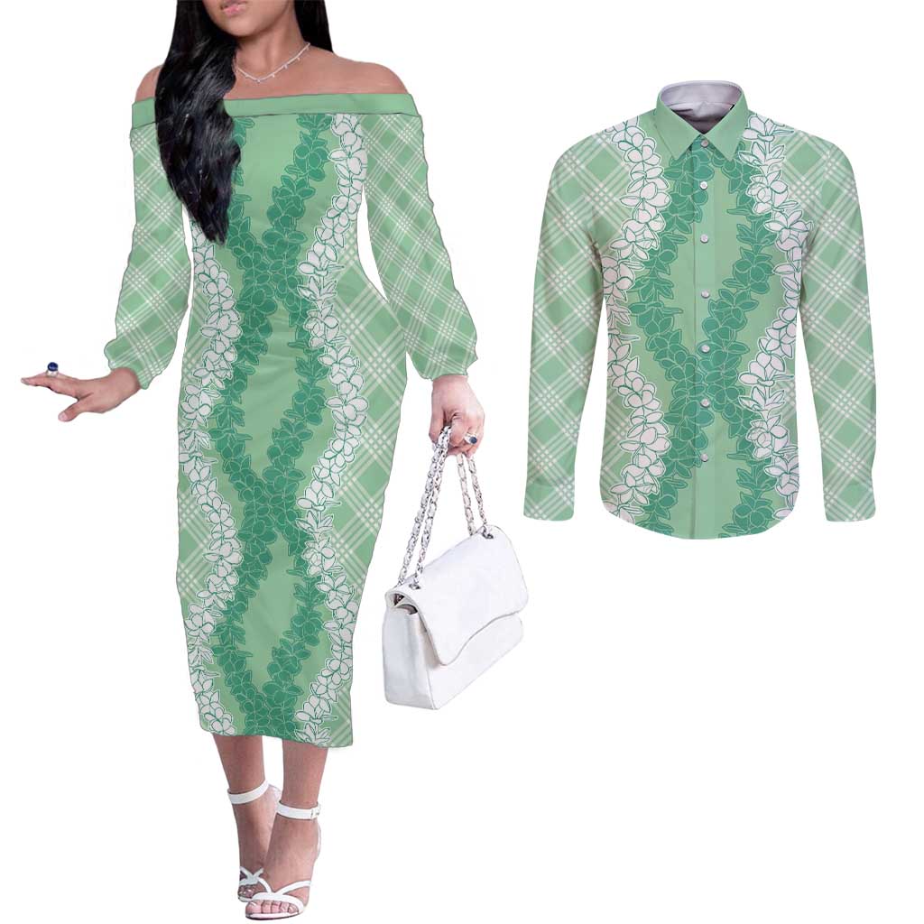 Hawaii Aloha Plumeria Lei Mint Palaka Couples Matching Off The Shoulder Long Sleeve Dress and Long Sleeve Button Shirt LT7 Mint - Polynesian Pride