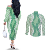 Hawaii Aloha Plumeria Lei Mint Palaka Couples Matching Off The Shoulder Long Sleeve Dress and Long Sleeve Button Shirt LT7 - Polynesian Pride