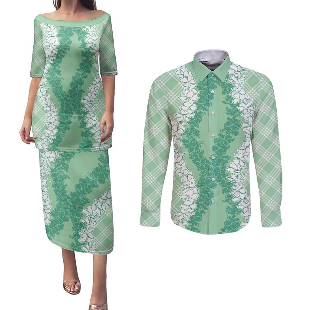 Hawaii Aloha Plumeria Lei Mint Palaka Couples Matching Puletasi and Long Sleeve Button Shirt - Polynesian Pride