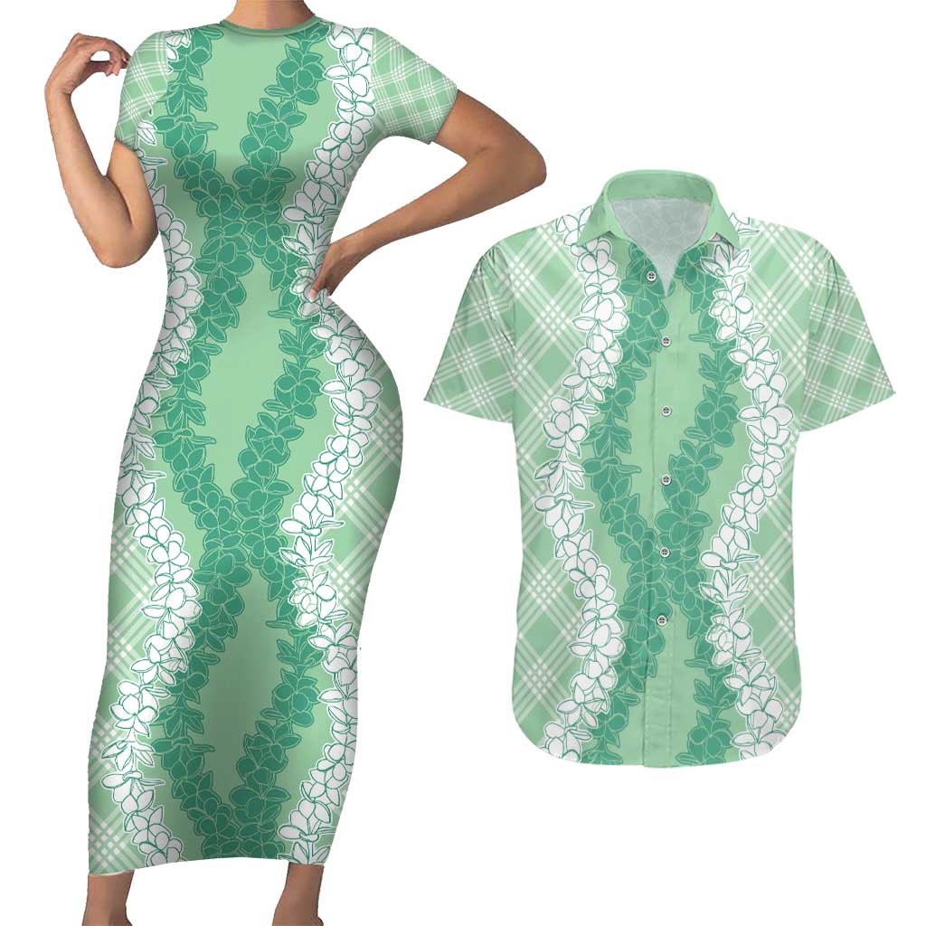 Hawaii Aloha Plumeria Lei Mint Palaka Couples Matching Short Sleeve Bodycon Dress and Hawaiian Shirt LT7 Mint - Polynesian Pride