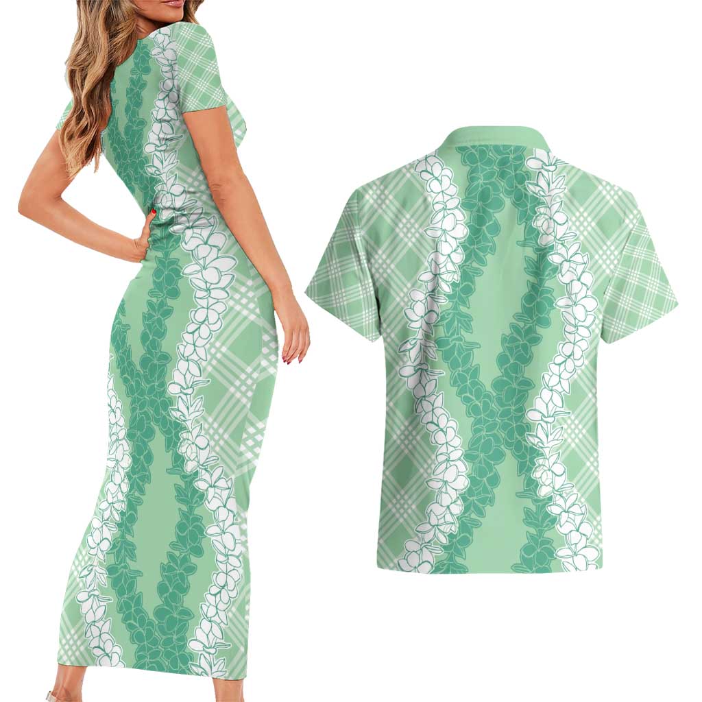 Hawaii Aloha Plumeria Lei Mint Palaka Couples Matching Short Sleeve Bodycon Dress and Hawaiian Shirt LT7 - Polynesian Pride