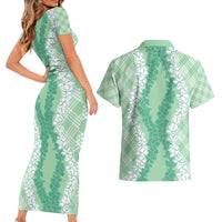 Hawaii Aloha Plumeria Lei Mint Palaka Couples Matching Short Sleeve Bodycon Dress and Hawaiian Shirt LT7 - Polynesian Pride