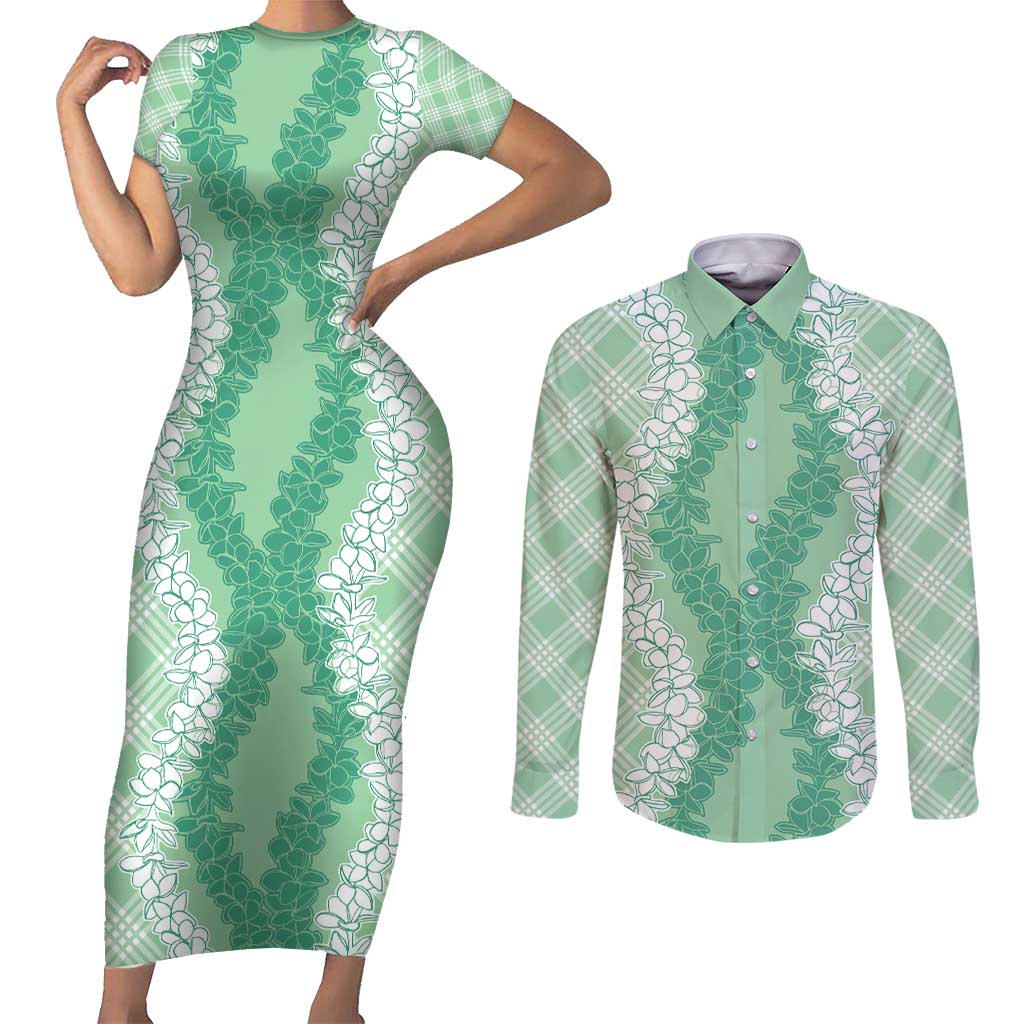 Hawaii Aloha Plumeria Lei Mint Palaka Couples Matching Short Sleeve Bodycon Dress and Long Sleeve Button Shirt LT7 Mint - Polynesian Pride