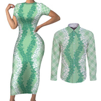 Hawaii Aloha Plumeria Lei Mint Palaka Couples Matching Short Sleeve Bodycon Dress and Long Sleeve Button Shirt LT7 Mint - Polynesian Pride