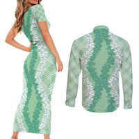 Hawaii Aloha Plumeria Lei Mint Palaka Couples Matching Short Sleeve Bodycon Dress and Long Sleeve Button Shirt LT7 - Polynesian Pride