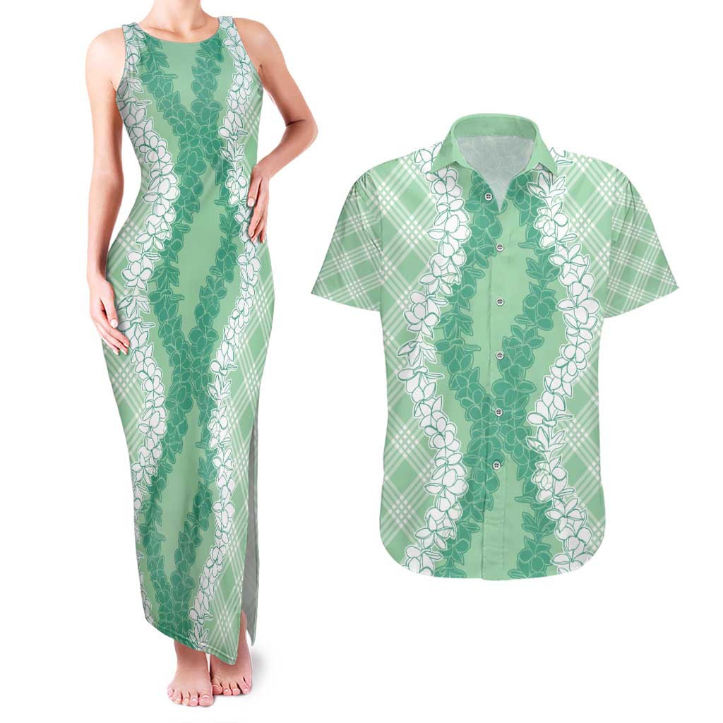 Hawaii Aloha Plumeria Lei Mint Palaka Couples Matching Tank Maxi Dress and Hawaiian Shirt LT7 Mint - Polynesian Pride
