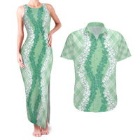 Hawaii Aloha Plumeria Lei Mint Palaka Couples Matching Tank Maxi Dress and Hawaiian Shirt LT7 Mint - Polynesian Pride