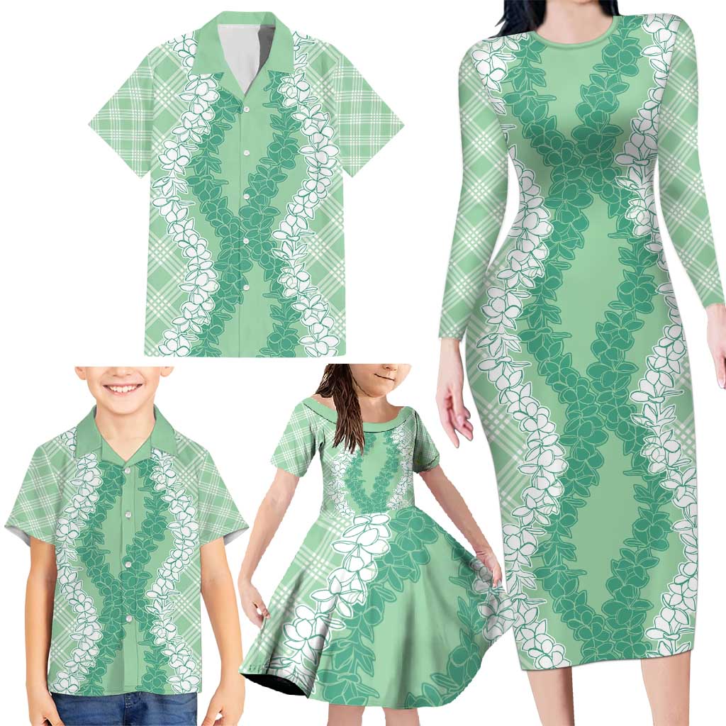 Hawaii Aloha Plumeria Lei Mint Palaka Family Matching Long Sleeve Bodycon Dress and Hawaiian Shirt LT7 - Polynesian Pride