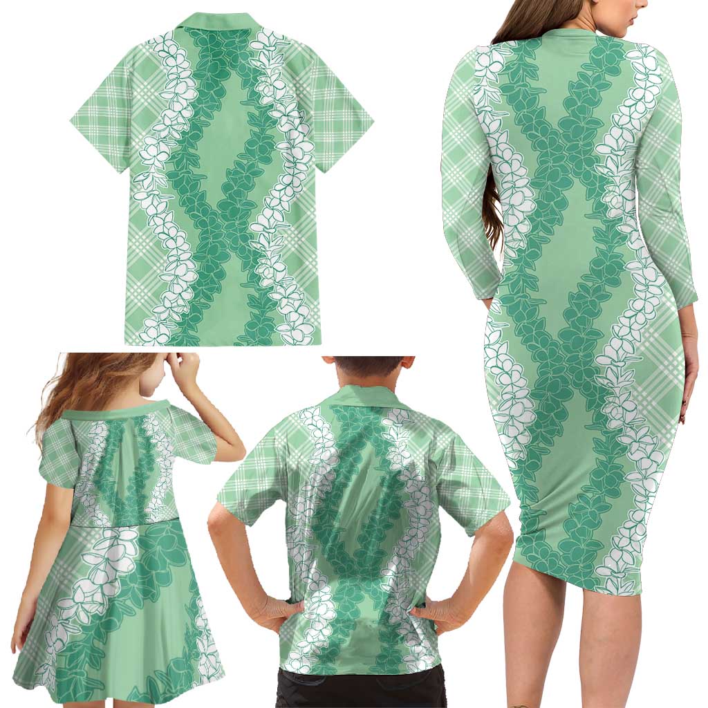 Hawaii Aloha Plumeria Lei Mint Palaka Family Matching Long Sleeve Bodycon Dress and Hawaiian Shirt LT7 - Polynesian Pride