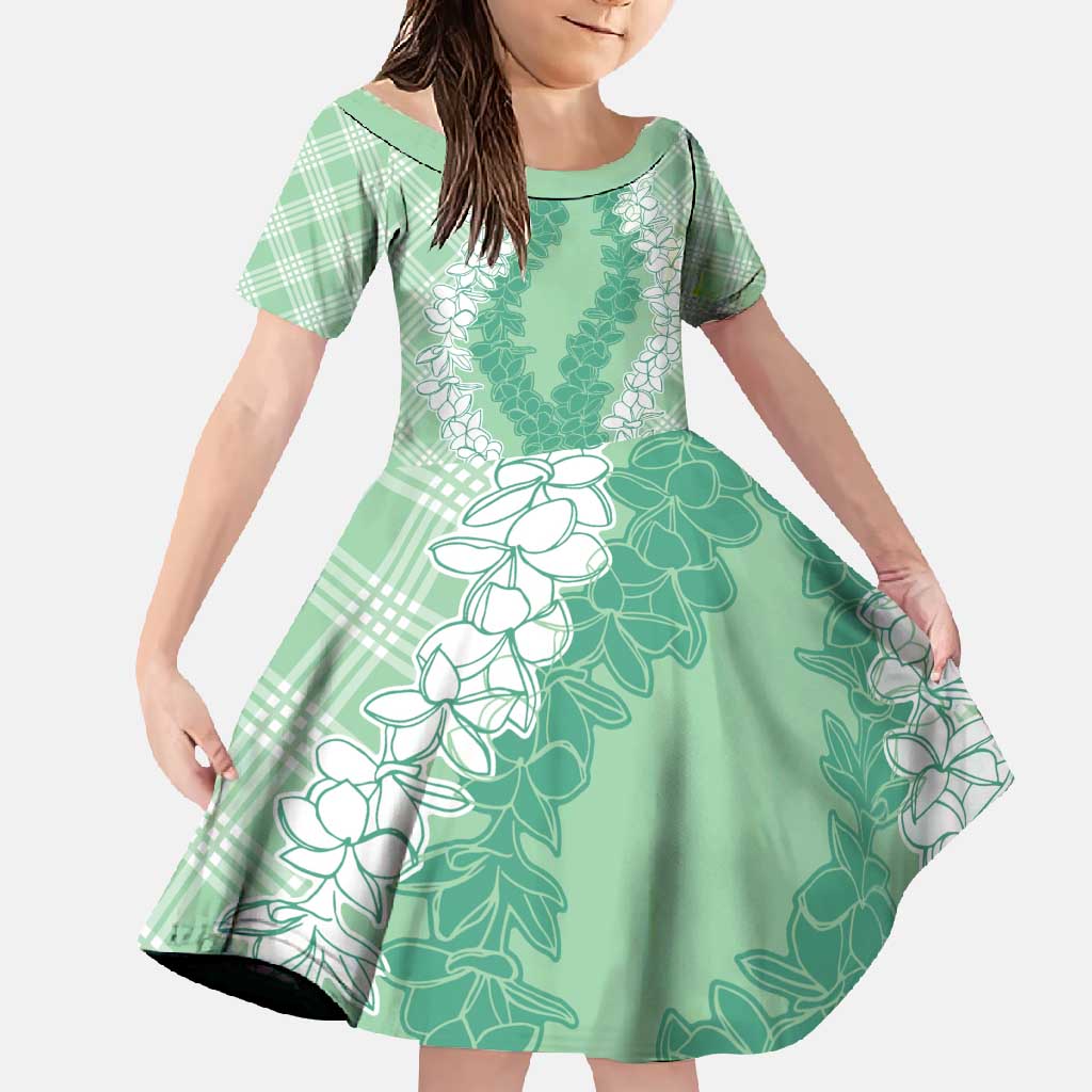 Hawaii Aloha Plumeria Lei Mint Palaka Family Matching Mermaid Dress and Hawaiian Shirt LT7 Daughter's Dress Mint - Polynesian Pride