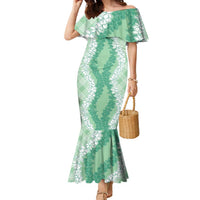 Hawaii Aloha Plumeria Lei Mint Palaka Family Matching Mermaid Dress and Hawaiian Shirt LT7 Mom's Dress Mint - Polynesian Pride