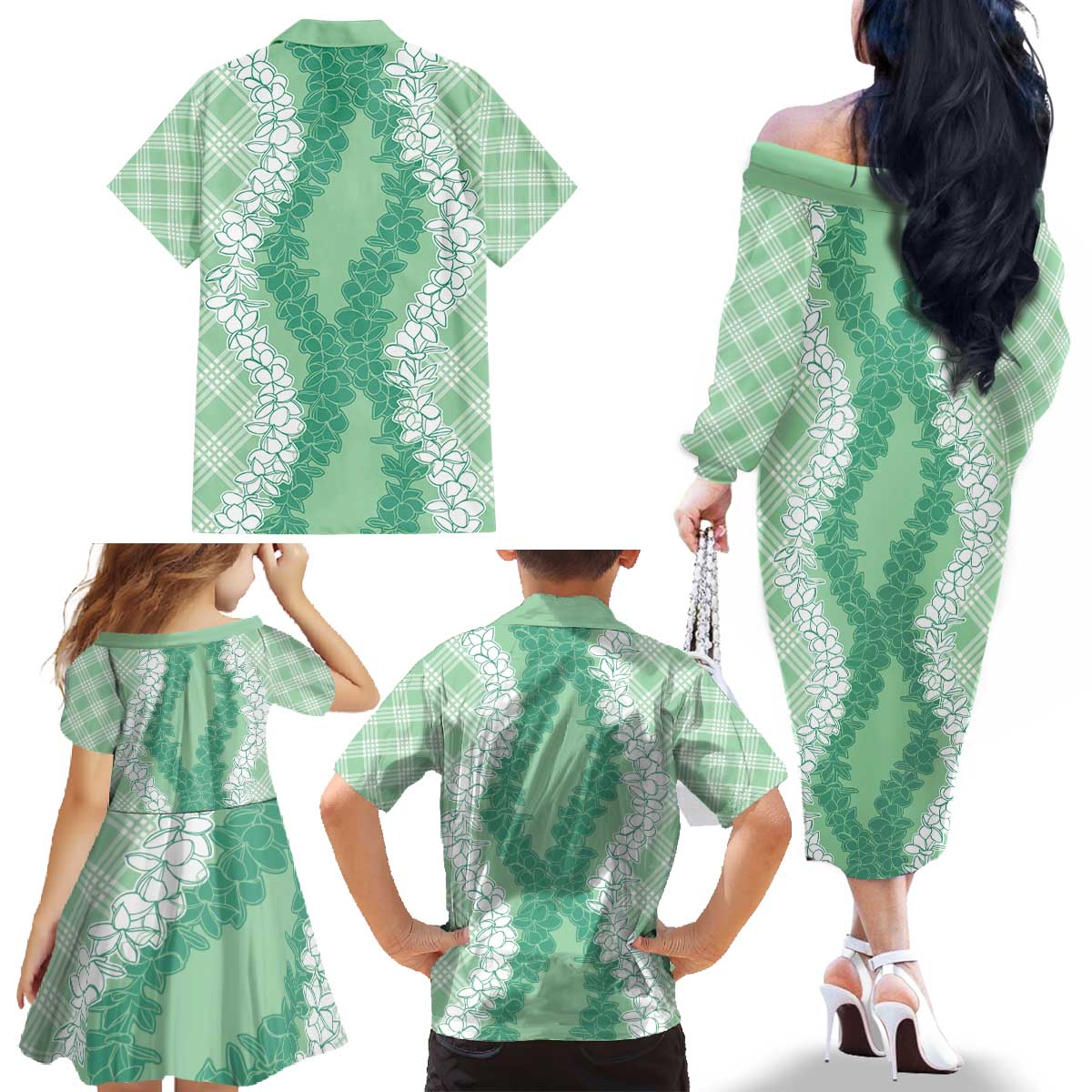 Hawaii Aloha Plumeria Lei Mint Palaka Family Matching Off The Shoulder Long Sleeve Dress and Hawaiian Shirt LT7 - Polynesian Pride