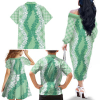 Hawaii Aloha Plumeria Lei Mint Palaka Family Matching Off The Shoulder Long Sleeve Dress and Hawaiian Shirt LT7 - Polynesian Pride