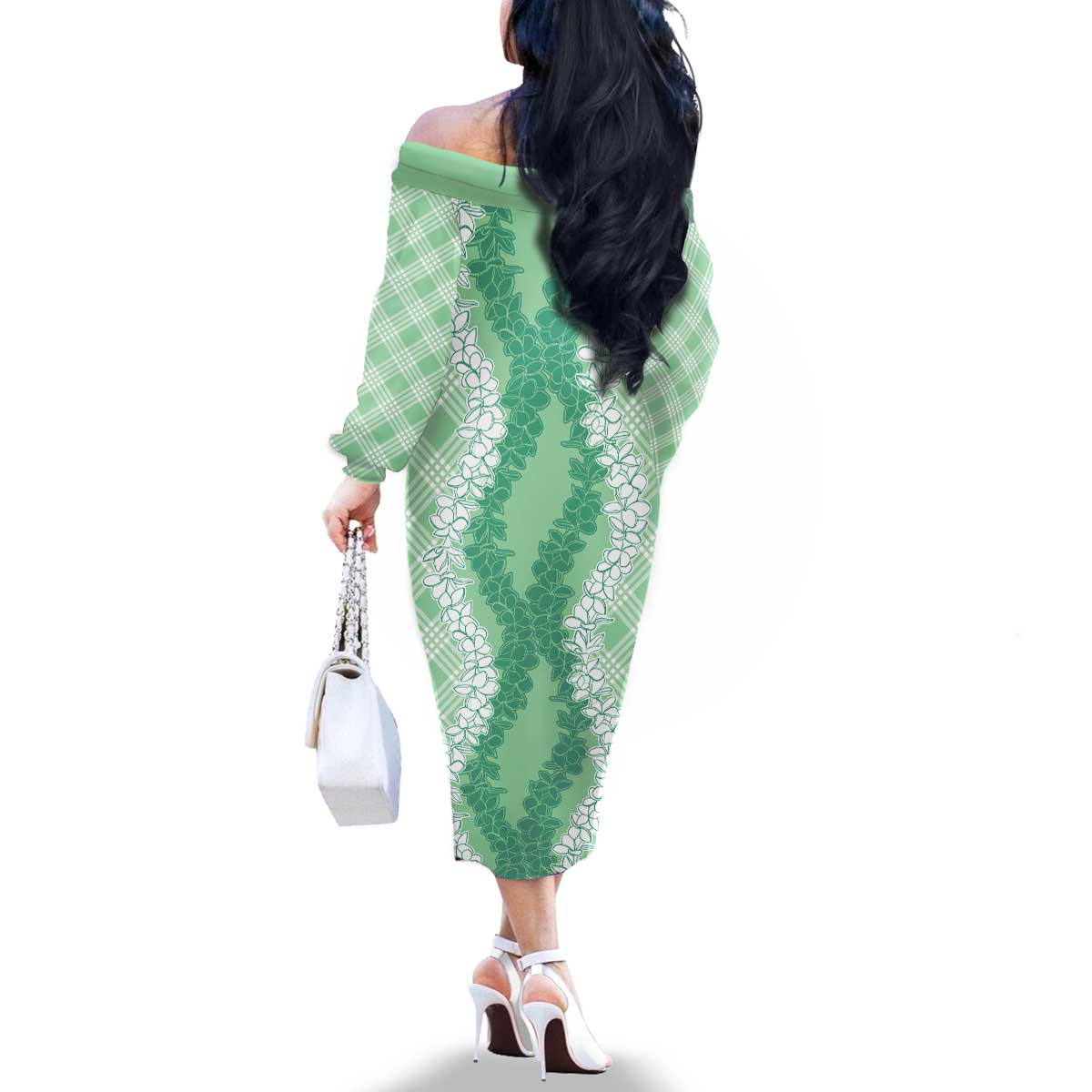 Hawaii Aloha Plumeria Lei Mint Palaka Family Matching Off The Shoulder Long Sleeve Dress and Hawaiian Shirt LT7 - Polynesian Pride