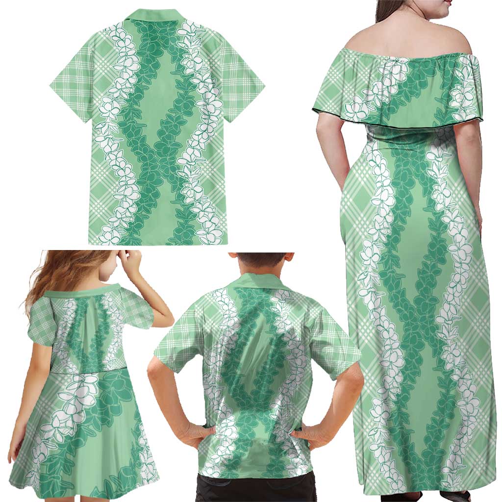 Hawaii Aloha Plumeria Lei Mint Palaka Family Matching Off Shoulder Maxi Dress and Hawaiian Shirt LT7 - Polynesian Pride