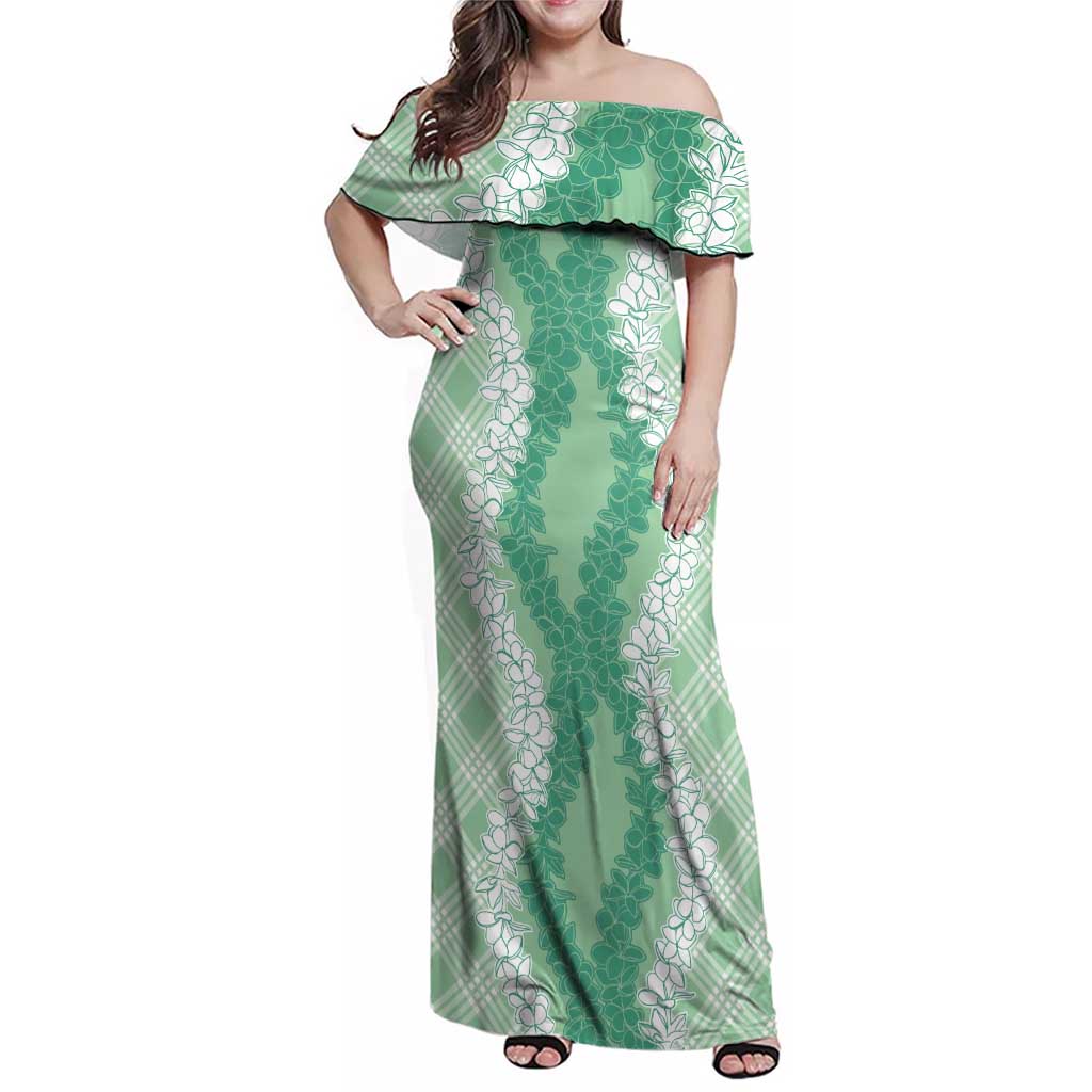 Hawaii Aloha Plumeria Lei Mint Palaka Family Matching Off Shoulder Maxi Dress and Hawaiian Shirt LT7 Mom's Dress Mint - Polynesian Pride