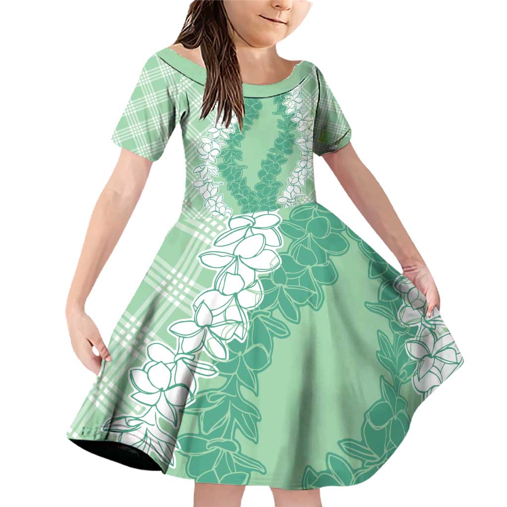 Hawaii Aloha Plumeria Lei Mint Palaka Family Matching Off Shoulder Short Dress and Hawaiian Shirt LT7 Daughter's Dress Mint - Polynesian Pride