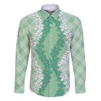 Hawaii Aloha Plumeria Lei Mint Palaka Family Matching Off Shoulder Short Dress and Hawaiian Shirt LT7 Dad's Shirt - Long Sleeve Mint - Polynesian Pride