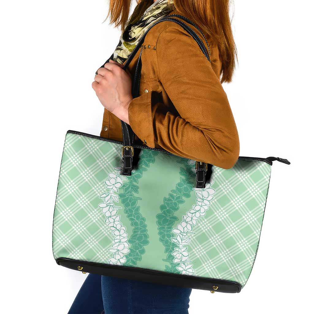 Hawaii Aloha Plumeria Lei Mint Palaka Leather Tote Bag - Polynesian Pride