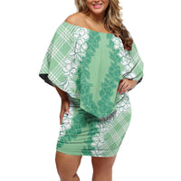 Hawaii Aloha Plumeria Lei Mint Palaka Off Shoulder Short Dress - Polynesian Pride