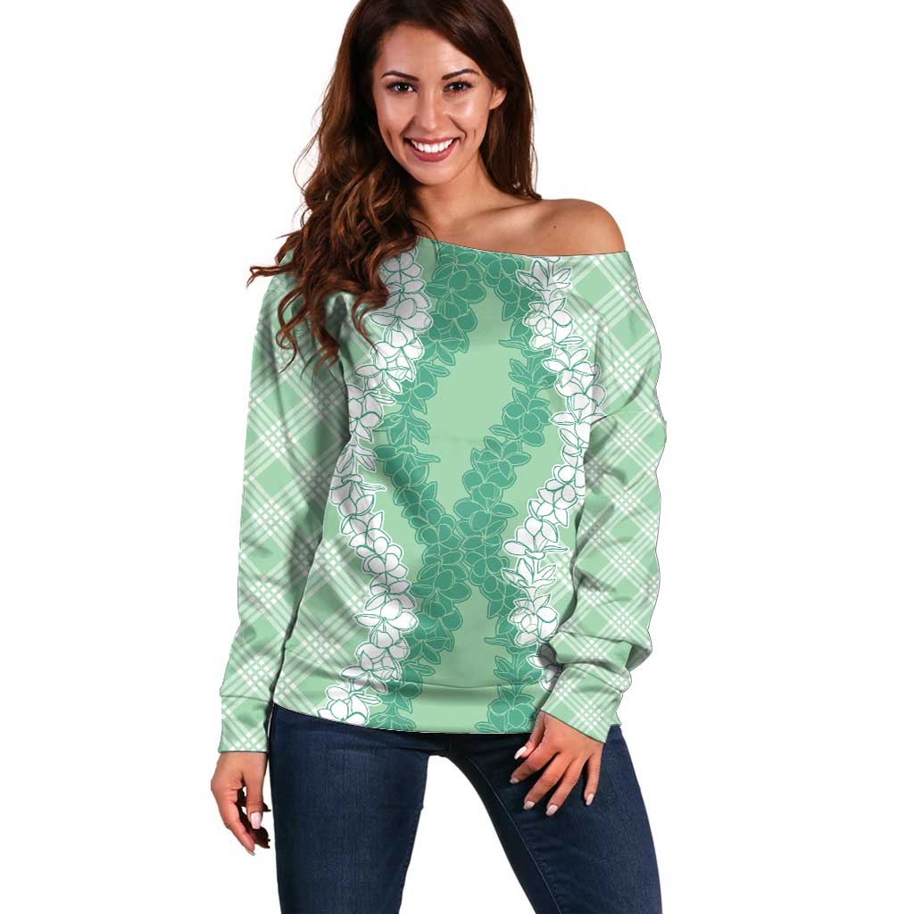 Hawaii Aloha Plumeria Lei Mint Palaka Off Shoulder Sweater LT7 Women Mint - Polynesian Pride
