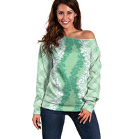 Hawaii Aloha Plumeria Lei Mint Palaka Off Shoulder Sweater LT7 Women Mint - Polynesian Pride