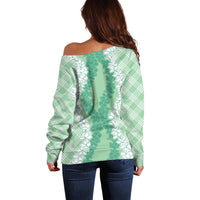 Hawaii Aloha Plumeria Lei Mint Palaka Off Shoulder Sweater LT7 - Polynesian Pride