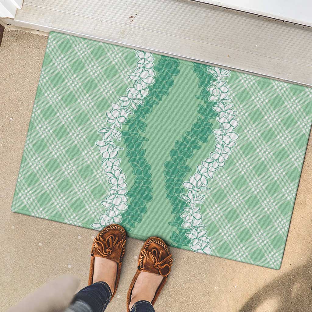 Hawaii Aloha Plumeria Lei Mint Palaka Rubber Doormat - Polynesian Pride