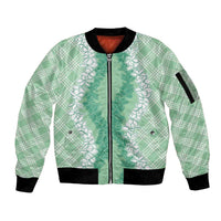 Hawaii Aloha Plumeria Lei Mint Palaka Sleeve Zip Bomber Jacket LT7 Unisex Mint - Polynesian Pride