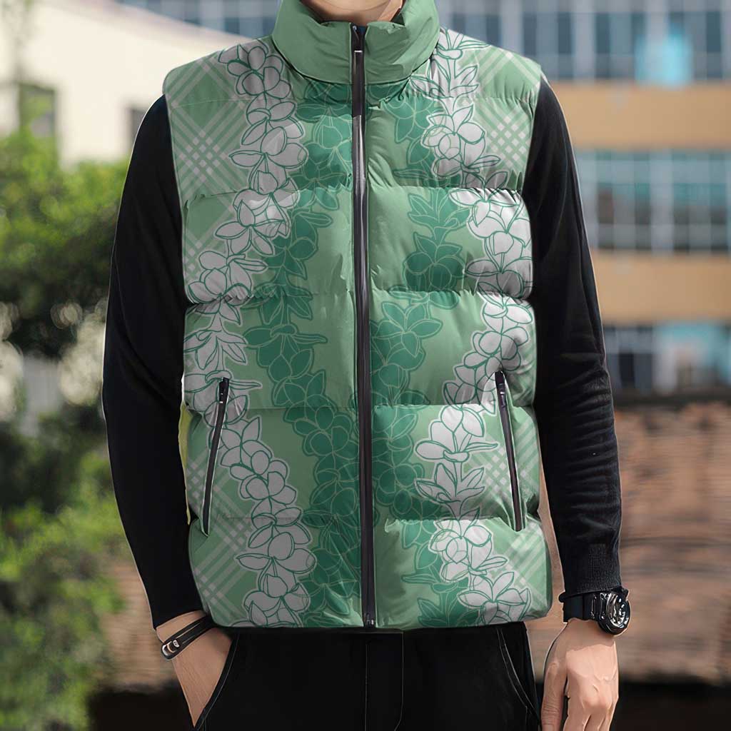 Hawaii Aloha Plumeria Lei Mint Palaka Sleeveless Puffer Jacket - Polynesian Pride