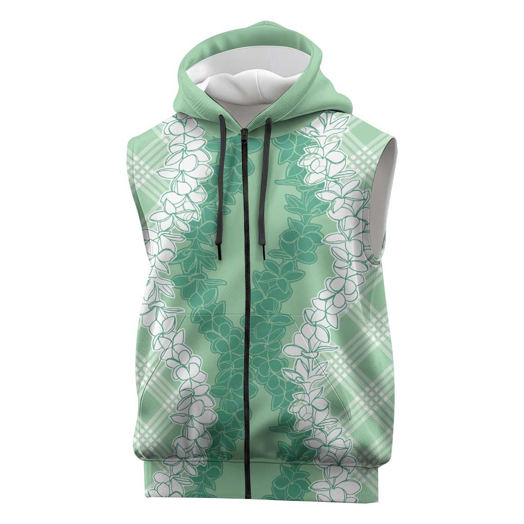 Hawaii Aloha Plumeria Lei Mint Palaka Sleeveless Zip Hoodie - Polynesian Pride