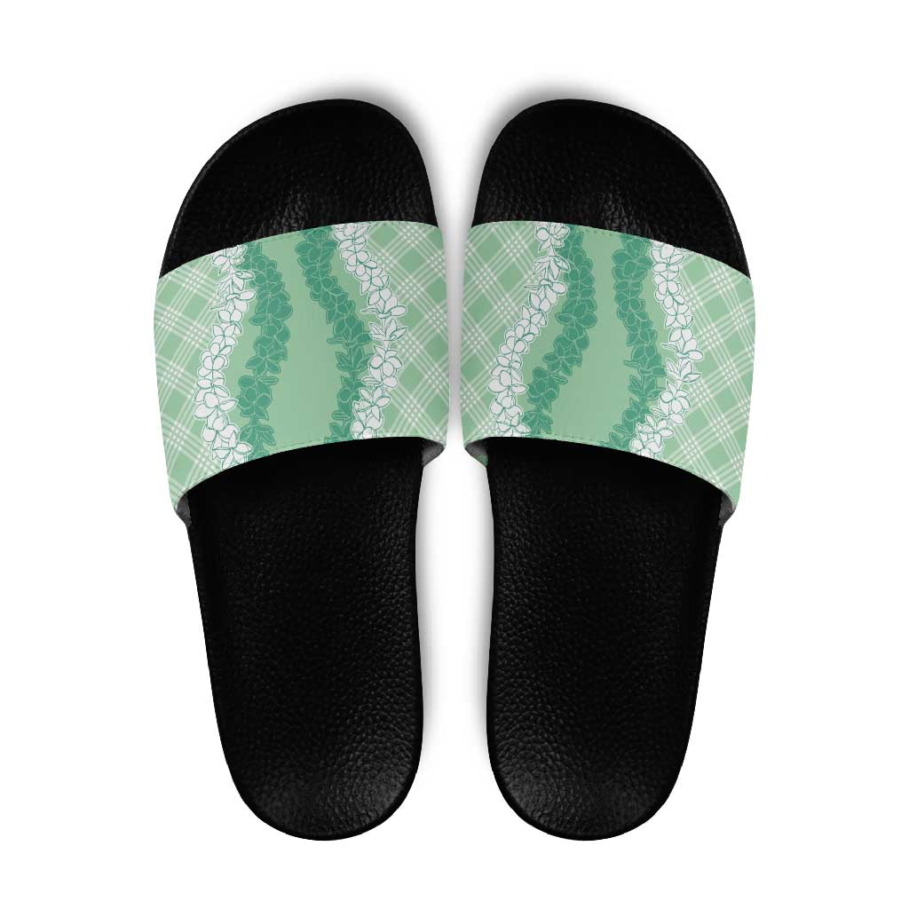 Hawaii Aloha Plumeria Lei Mint Palaka Slide Sandals - Polynesian Pride