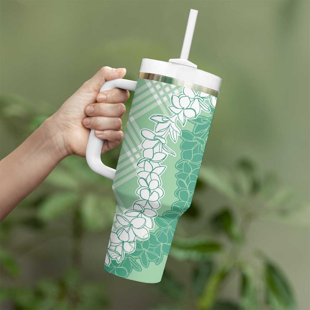 Hawaii Aloha Plumeria Lei Mint Palaka Tumbler With Handle - Polynesian Pride