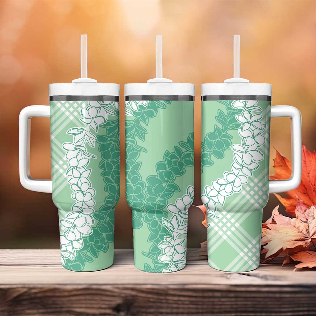 Hawaii Aloha Plumeria Lei Mint Palaka Tumbler With Handle - Polynesian Pride