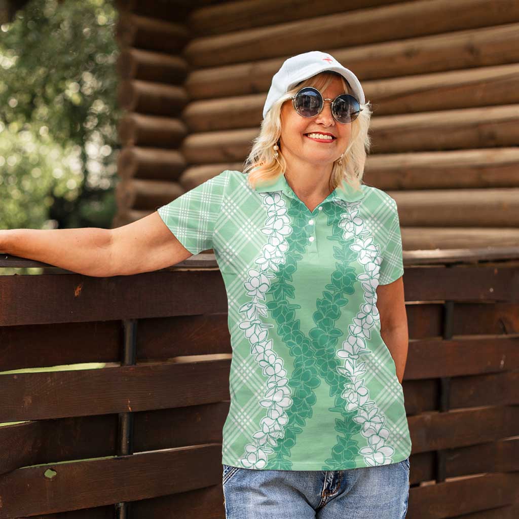 Hawaii Aloha Plumeria Lei Mint Palaka Women Polo Shirt - Polynesian Pride