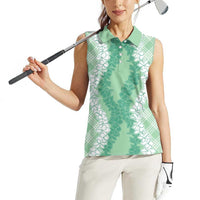 Hawaii Aloha Plumeria Lei Mint Palaka Women Sleeveless Polo Shirt - Polynesian Pride