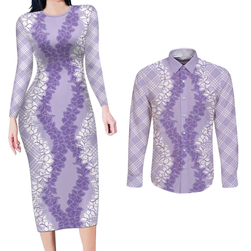 Hawaii Aloha Plumeria Lei Lavender Palaka Couples Matching Long Sleeve Bodycon Dress and Long Sleeve Button Shirt LT7 Lavender - Polynesian Pride