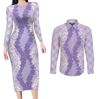 Hawaii Aloha Plumeria Lei Lavender Palaka Couples Matching Long Sleeve Bodycon Dress and Long Sleeve Button Shirt LT7 Lavender - Polynesian Pride
