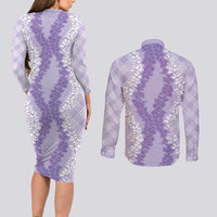 Hawaii Aloha Plumeria Lei Lavender Palaka Couples Matching Long Sleeve Bodycon Dress and Long Sleeve Button Shirt LT7 - Polynesian Pride