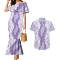 Hawaii Aloha Plumeria Lei Lavender Palaka Couples Matching Mermaid Dress and Hawaiian Shirt LT7 Lavender - Polynesian Pride