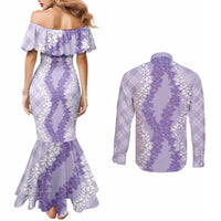Hawaii Aloha Plumeria Lei Lavender Palaka Couples Matching Mermaid Dress and Long Sleeve Button Shirt LT7 - Polynesian Pride