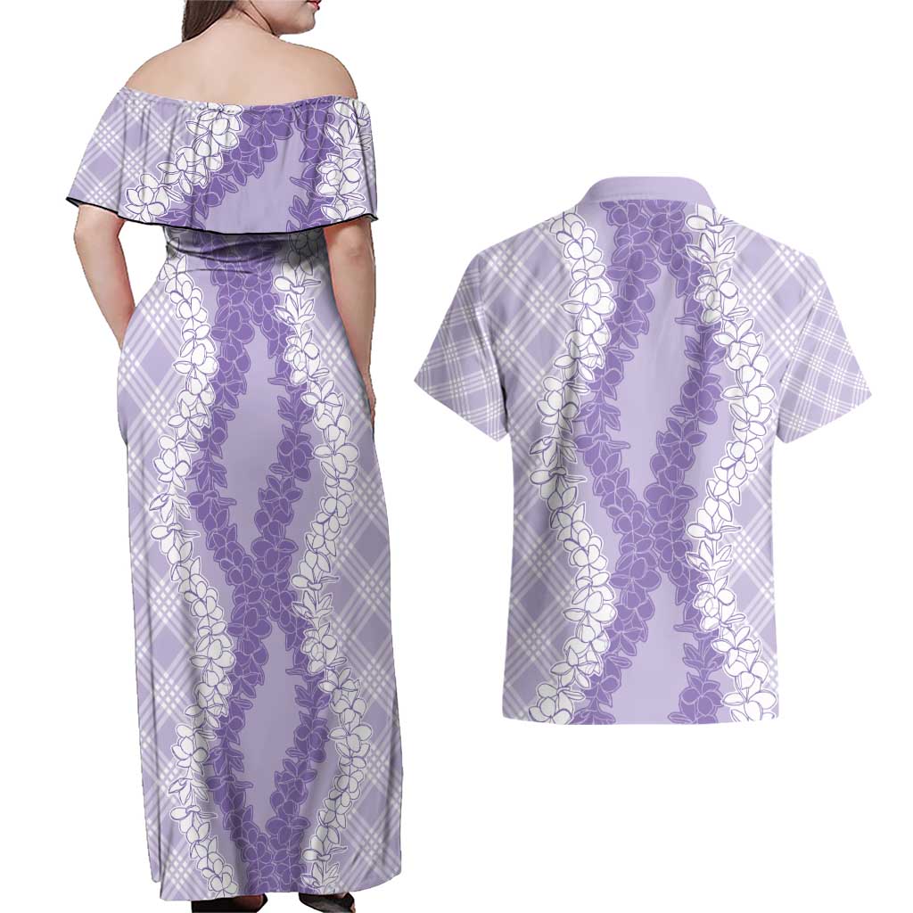 Hawaii Aloha Plumeria Lei Lavender Palaka Couples Matching Off Shoulder Maxi Dress and Hawaiian Shirt LT7 - Polynesian Pride