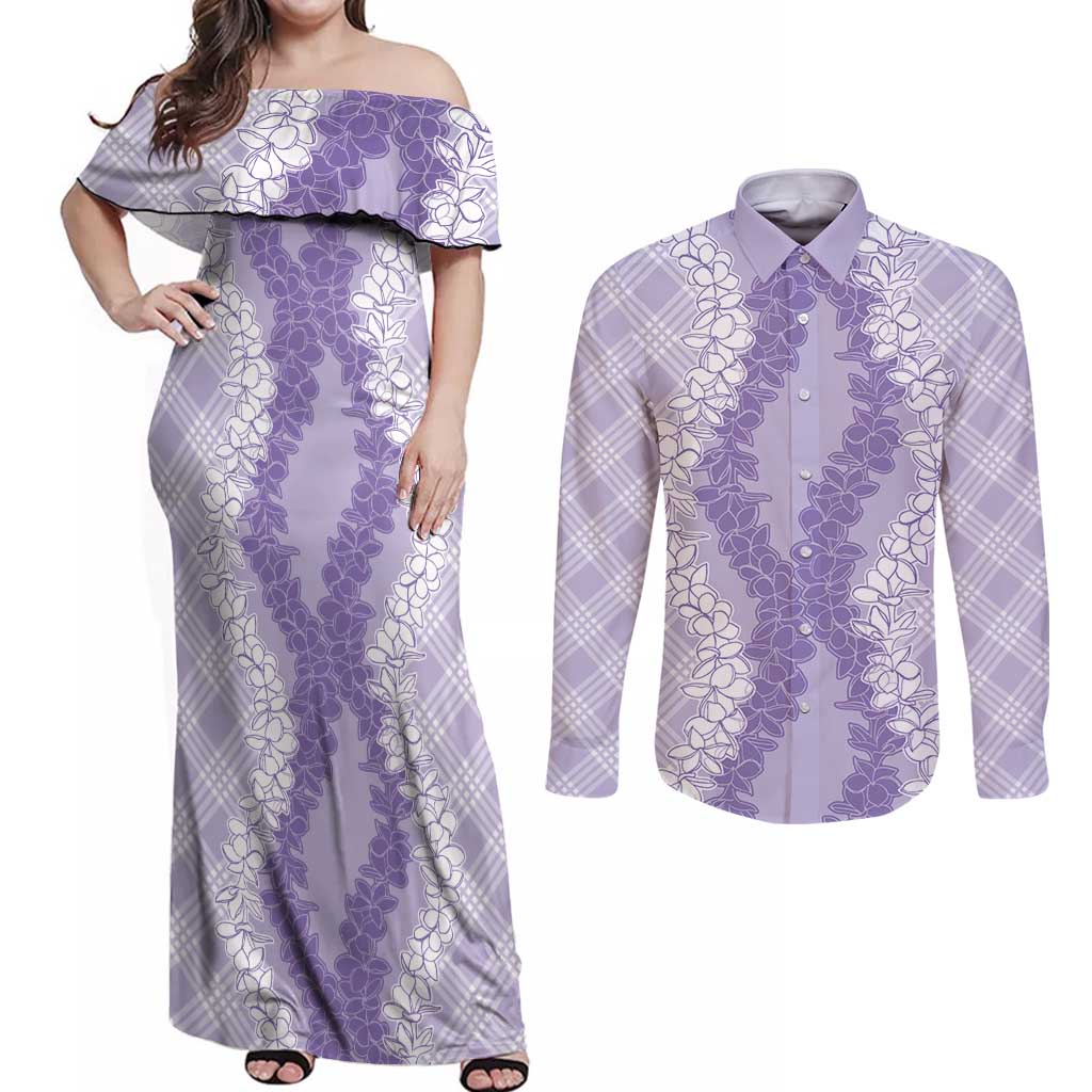 Hawaii Aloha Plumeria Lei Lavender Palaka Couples Matching Off Shoulder Maxi Dress and Long Sleeve Button Shirt LT7 Lavender - Polynesian Pride
