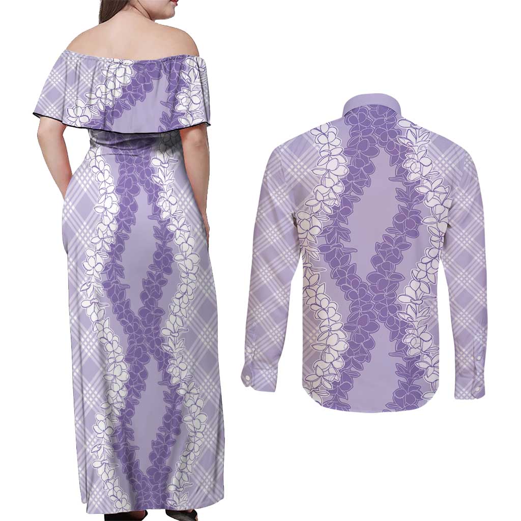 Hawaii Aloha Plumeria Lei Lavender Palaka Couples Matching Off Shoulder Maxi Dress and Long Sleeve Button Shirt LT7 - Polynesian Pride