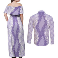 Hawaii Aloha Plumeria Lei Lavender Palaka Couples Matching Off Shoulder Maxi Dress and Long Sleeve Button Shirt LT7 - Polynesian Pride