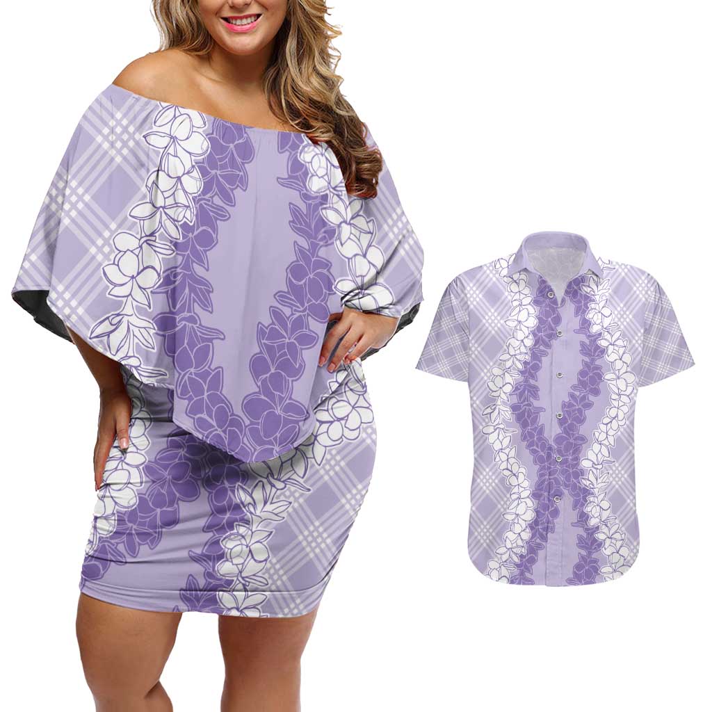 Hawaii Aloha Plumeria Lei Lavender Palaka Couples Matching Off Shoulder Short Dress and Hawaiian Shirt LT7 Lavender - Polynesian Pride