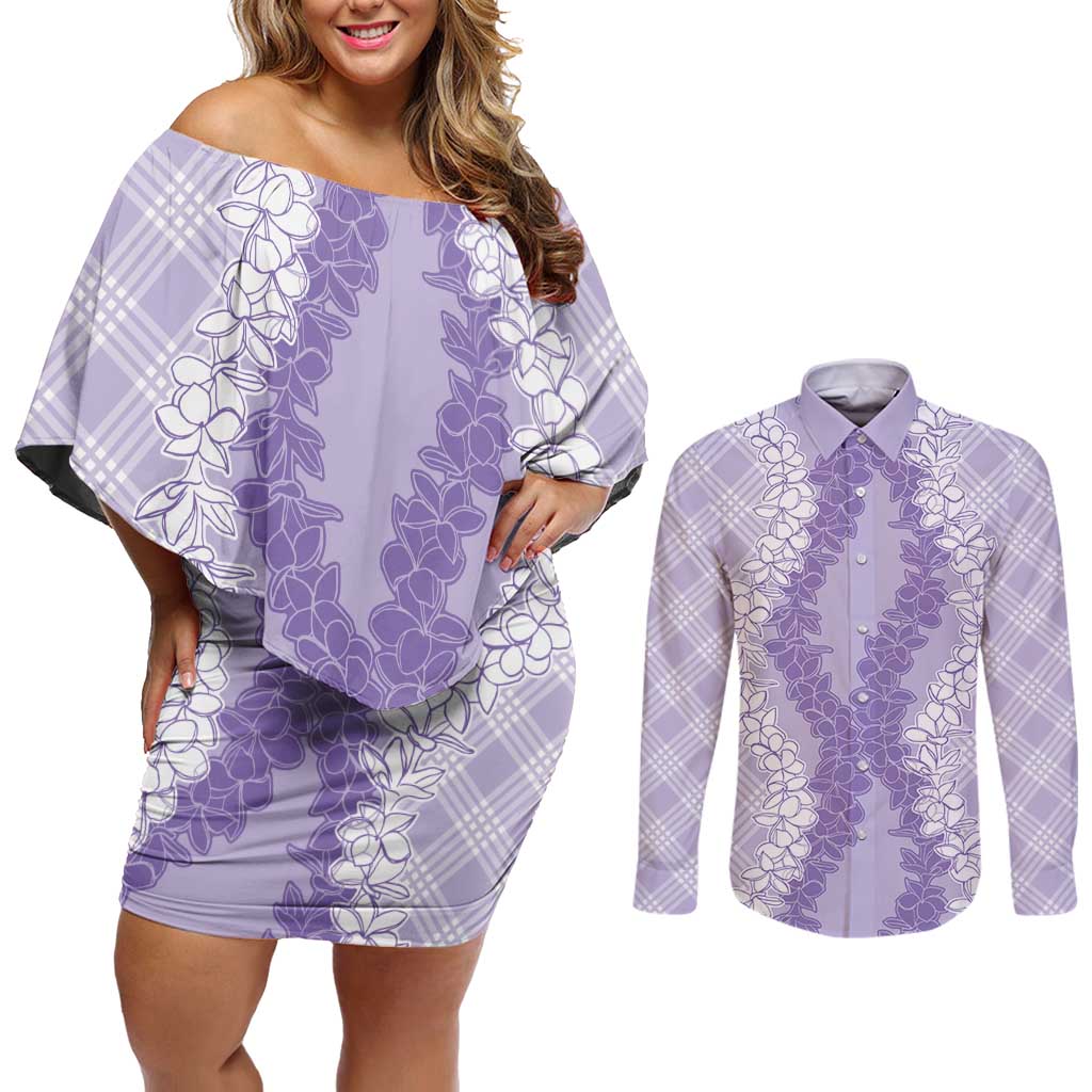 Hawaii Aloha Plumeria Lei Lavender Palaka Couples Matching Off Shoulder Short Dress and Long Sleeve Button Shirt LT7 Lavender - Polynesian Pride