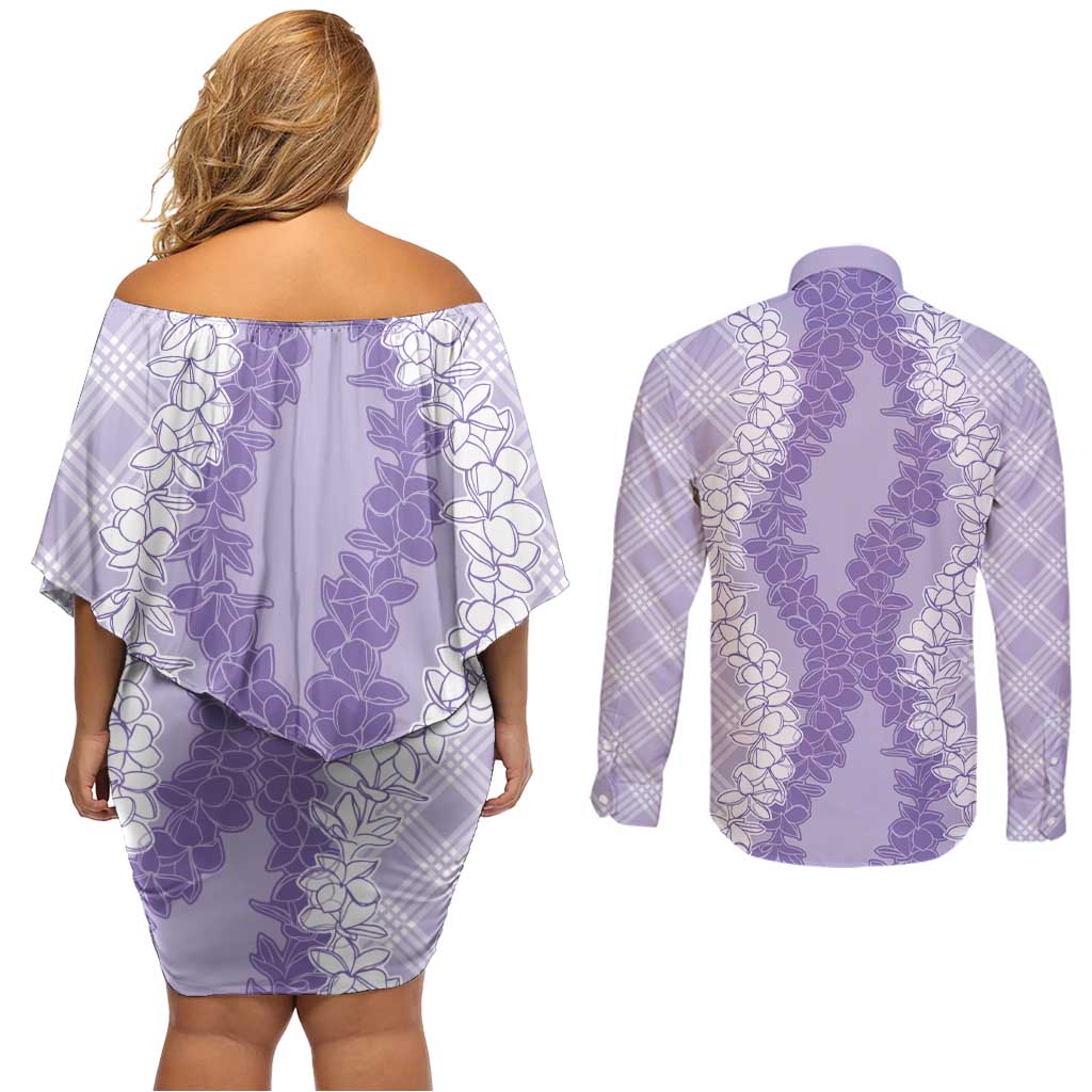 Hawaii Aloha Plumeria Lei Lavender Palaka Couples Matching Off Shoulder Short Dress and Long Sleeve Button Shirt LT7 - Polynesian Pride